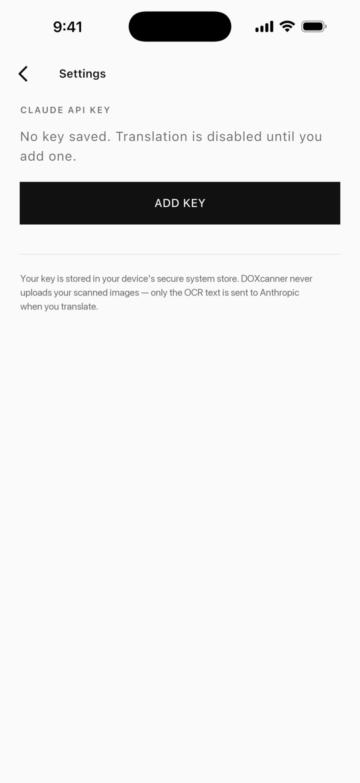 DOXcanner settings screen