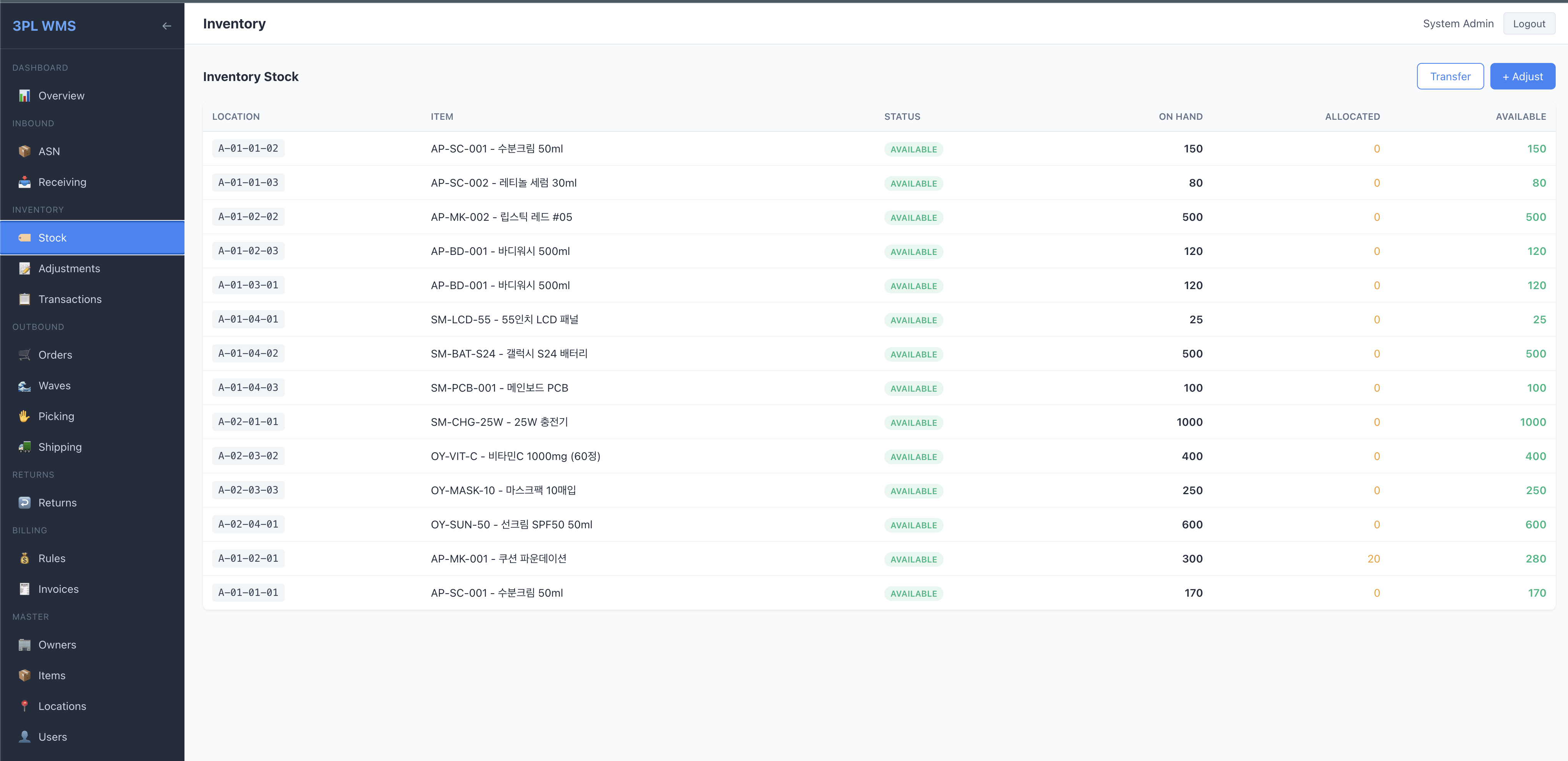 WMS Inventory Stock screen